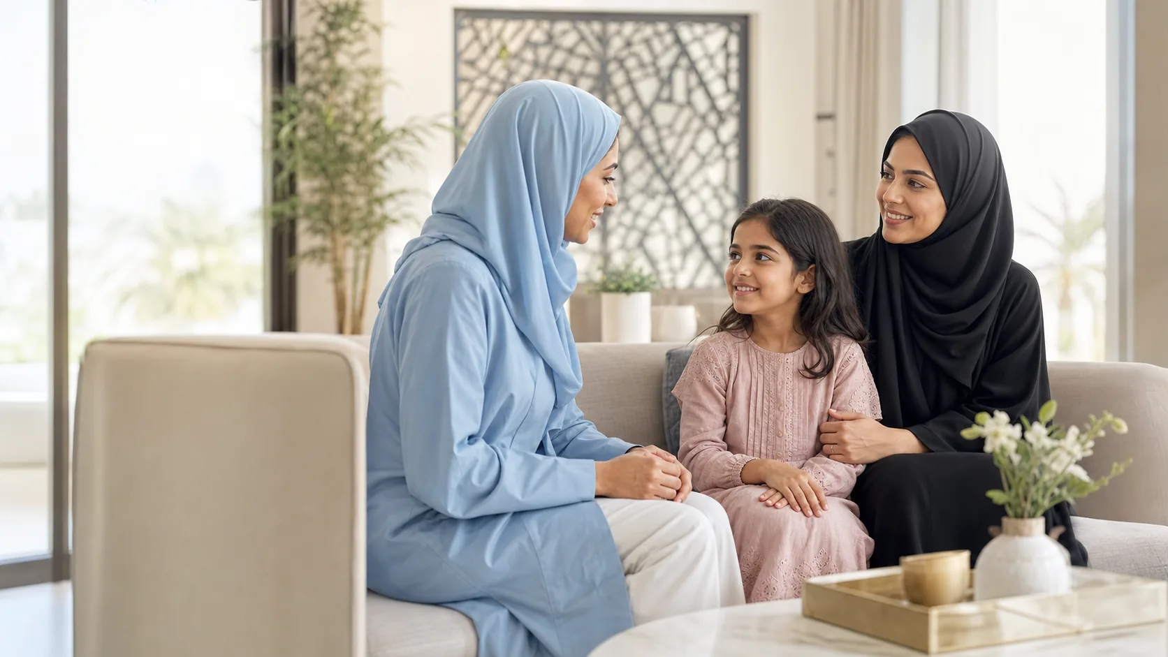 Healthcare professional speaking with a mother and child at home